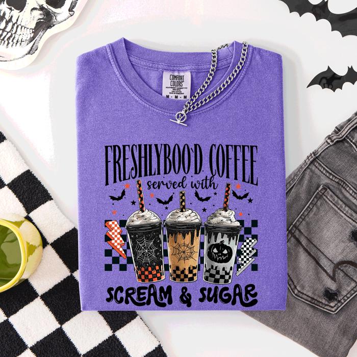 Freshly Boo'd Halloween Coffee Witch Spooky Cozy Night Vibes Graphic Comfort Colors Tee