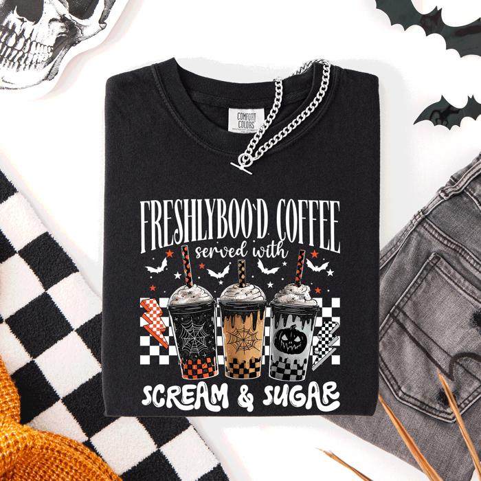 Freshly Boo'd Halloween Coffee Witch Spooky Cozy Night Vibes Graphic Comfort Colors Tee