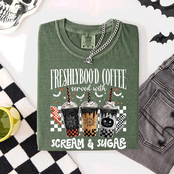 Freshly Boo'd Halloween Coffee Witch Spooky Cozy Night Vibes Graphic Comfort Colors Tee