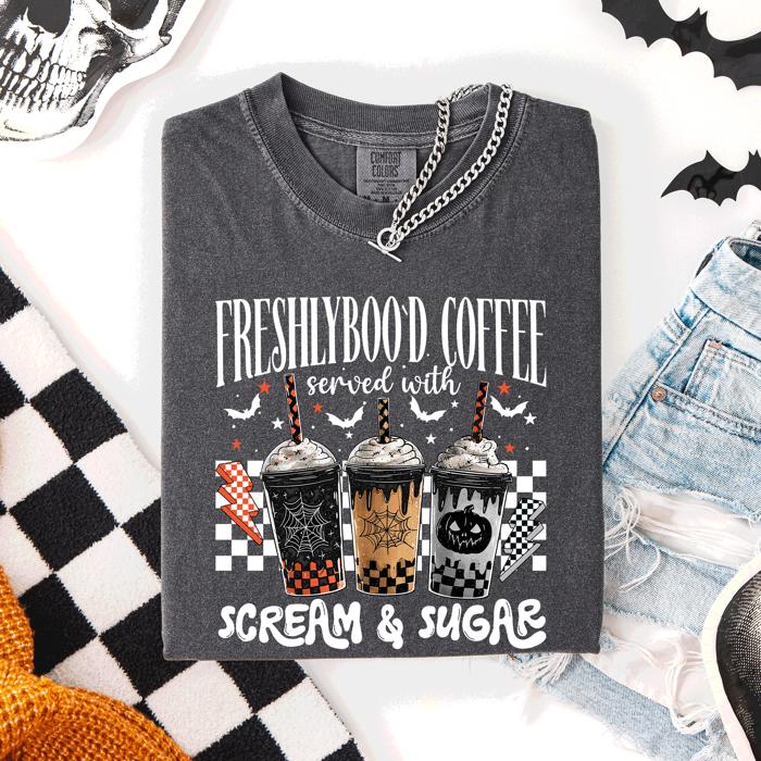 Freshly Boo'd Halloween Coffee Witch Spooky Cozy Night Vibes Graphic Comfort Colors Tee