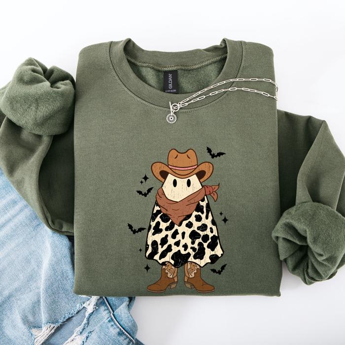 Halloween Ghost Cowboy Western Country Spirit Autumn Night Graphic Cozy Vintage Sweatshirt