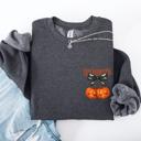 XL Dark Gray Heather Halloween Jack o Lanterns Cherry Coquette Graphic Print Cozy Autumn Collection Pocket Sweatshirt