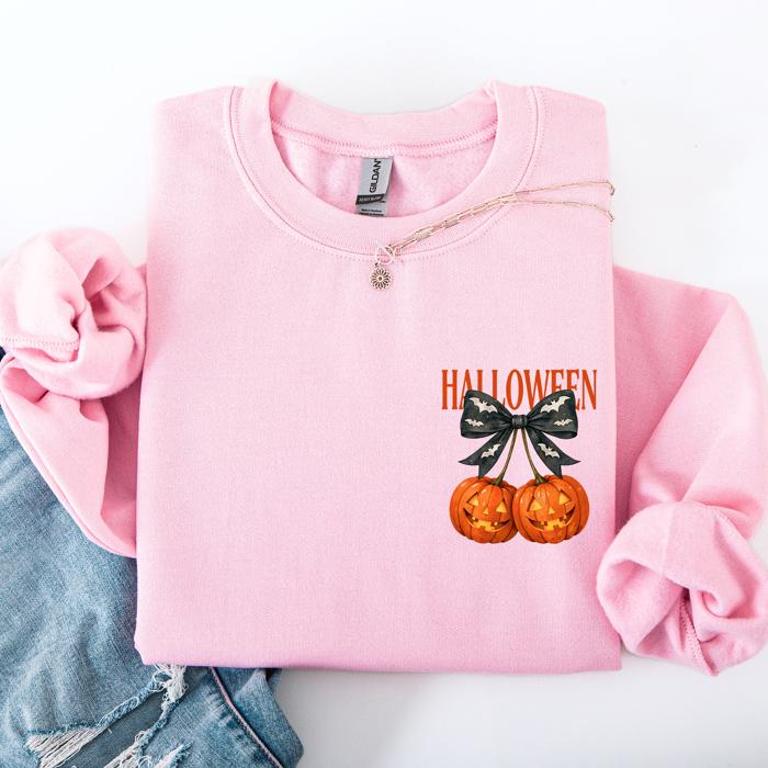 Halloween Jack o Lanterns Cherry Coquette Graphic Print Cozy Autumn Collection Pocket Sweatshirt