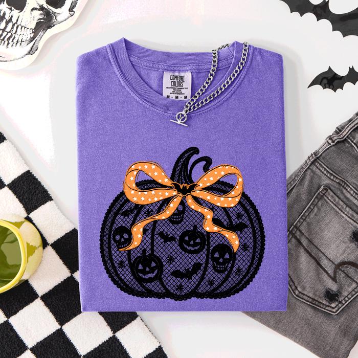 Halloween Pumpkin Faux Lace Coquette Ribbon And Bows Festive Style Comfort Colors Tee