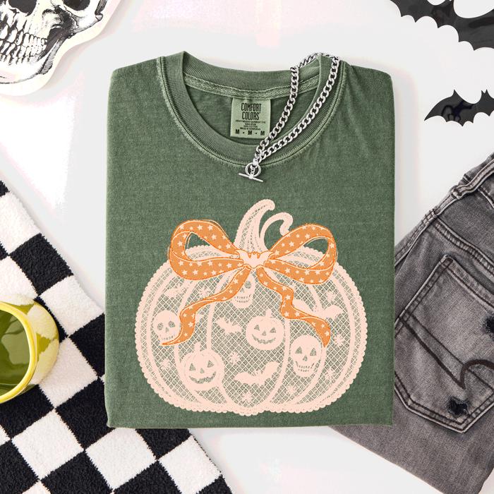 Halloween Pumpkin Faux Lace Coquette Ribbon And Bows Festive Style Comfort Colors Tee