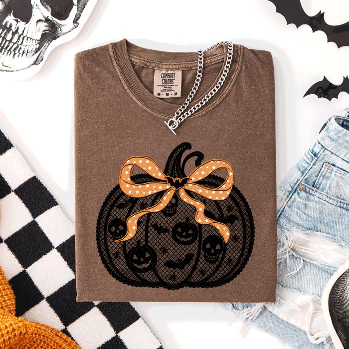 Halloween Pumpkin Faux Lace Coquette Ribbon And Bows Festive Style Comfort Colors Tee