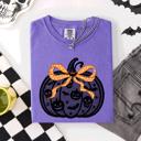 XL Violet Purple Halloween Pumpkin Faux Lace Coquette Ribbon And Bows Festive Style Comfort Colors Tee