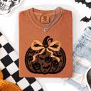 Medium Yam Halloween Pumpkin Faux Lace Coquette Ribbon And Bows Festive Style Comfort Colors Tee