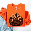  Halloween Pumpkin Faux Lace Coquette Ribbon Bows Embellished Velvet Accents Seasonal Collection Graphic Sweatshirt