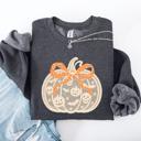 XL Dark Gray Heather Halloween Pumpkin Faux Lace Coquette Ribbon Bows Embellished Velvet Accents Seasonal Collection Graphic Sweatshirt