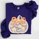 Small Purple Halloween Pumpkin Faux Lace Coquette Ribbon Bows Embellished Velvet Accents Seasonal Collection Graphic Sweatshirt