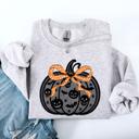 Medium Ash Light Gray Halloween Pumpkin Faux Lace Coquette Ribbon Bows Embellished Velvet Accents Seasonal Collection Graphic Sweatshirt