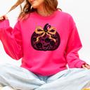 XL Crunchberry Bright Pink Halloween Pumpkin Faux Lace Coquette Ribbon Bows Embellished Velvet Accents Seasonal Collection Graphic Sweatshirt