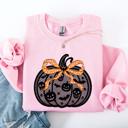 Small Light Pink Halloween Pumpkin Faux Lace Coquette Ribbon Bows Embellished Velvet Accents Seasonal Collection Graphic Sweatshirt
