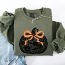 XXXL Military Green Halloween Pumpkin Faux Lace Coquette Ribbon Bows Embellished Velvet Accents Seasonal Collection Graphic Sweatshirt