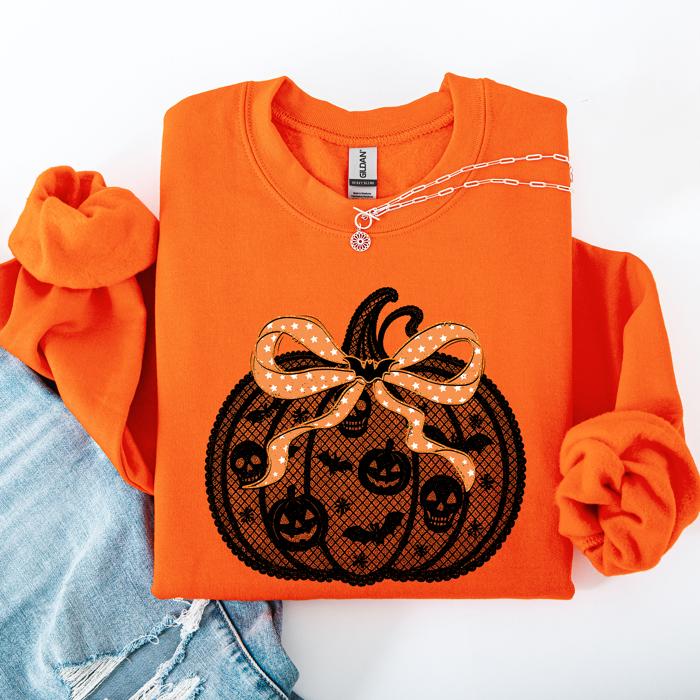 Halloween Pumpkin Faux Lace Coquette Ribbon Bows Embellished Velvet Accents Seasonal Collection Graphic Sweatshirt