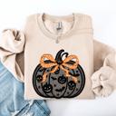 XL Sand Halloween Pumpkin Faux Lace Coquette Ribbon Bows Embellished Velvet Accents Seasonal Collection Graphic Sweatshirt