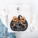 Large White Halloween Pumpkin Faux Lace Coquette Ribbon Bows Embellished Velvet Accents Seasonal Collection Graphic Sweatshirt