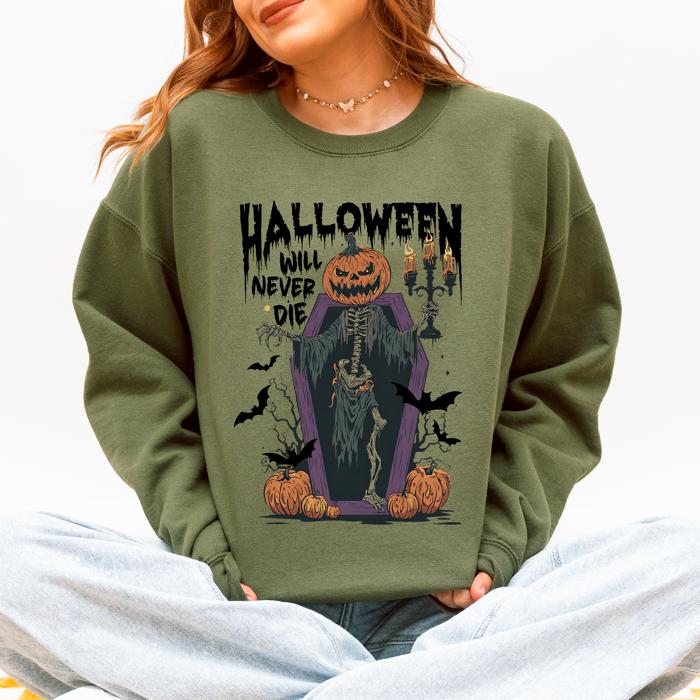 Halloween Will Never Die Spooky Jack O Lantern Pumpkin Haunted Autumn Night Graphic Illustration Collection Sweatshirt