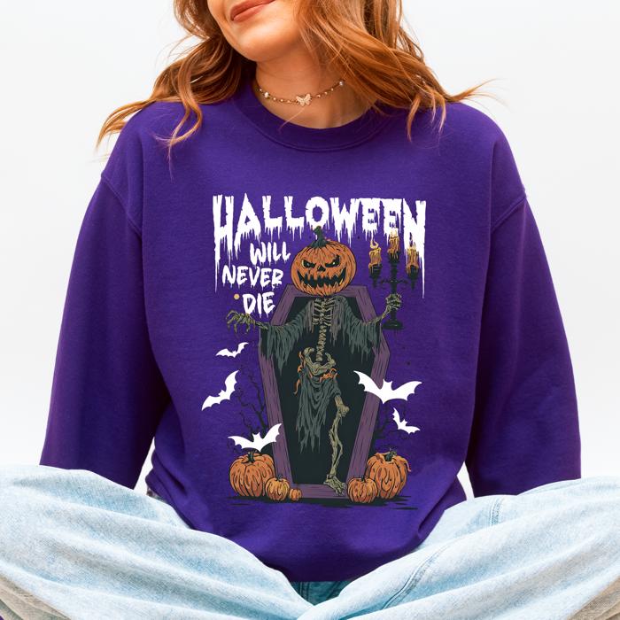 Halloween Will Never Die Spooky Jack O Lantern Pumpkin Haunted Autumn Night Graphic Illustration Collection Sweatshirt