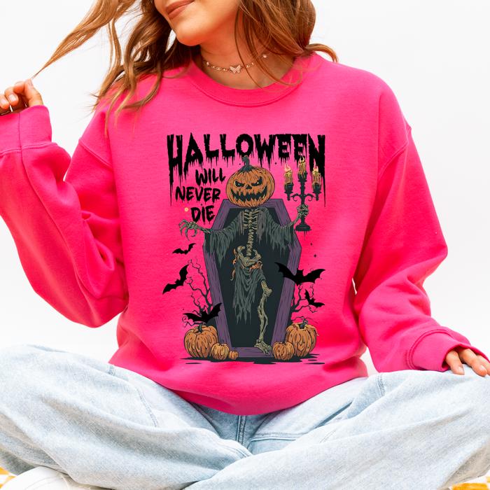 Halloween Will Never Die Spooky Jack O Lantern Pumpkin Haunted Autumn Night Graphic Illustration Collection Sweatshirt