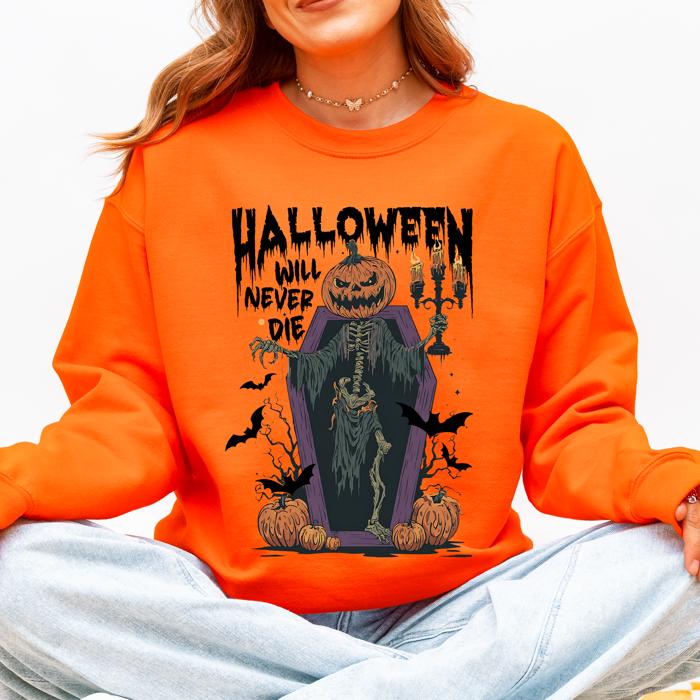 Halloween Will Never Die Spooky Jack O Lantern Pumpkin Haunted Autumn Night Graphic Illustration Collection Sweatshirt
