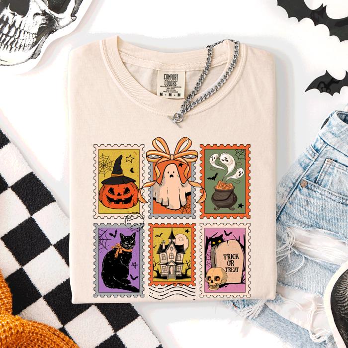 Classic Halloween Ghost Black Cat Pumpkin Witch Spooky Season Comfort Colors Tee