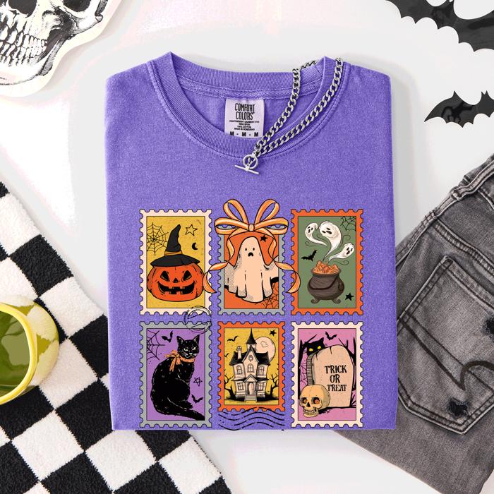 Classic Halloween Ghost Black Cat Pumpkin Witch Spooky Season Comfort Colors Tee
