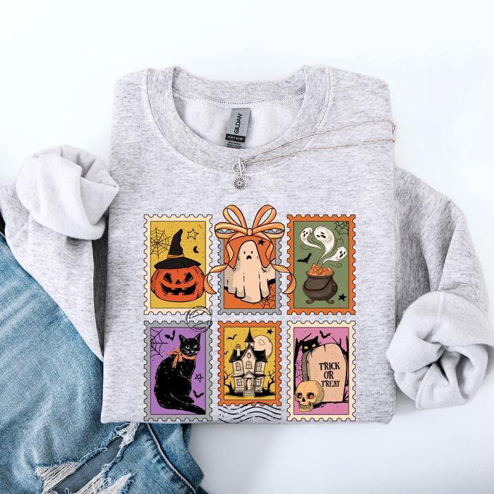 Haunting Halloween Night Parade With Ghosts Black Cat Pumpkins Witch Cozy Sweatshirt