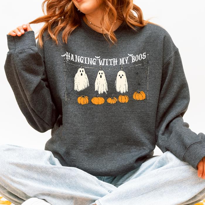 Hanging With My Boos Ghosts Halloween Spooky Seasonal Pumpkins Cozy Graphic Sweatshirt