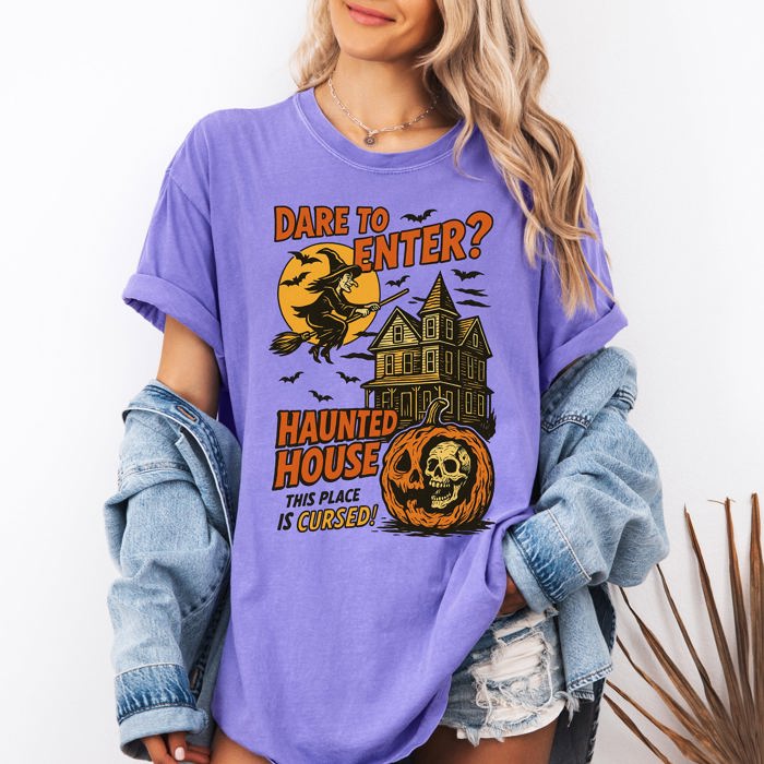 Haunted House Halloween Retro Spooky Witch Nightscape Limited Edition Collection Comfort Colors Tee