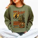  Haunted House Halloween Retro Spooky Witch Night Sky Moonlit Pumpkin Tales Vintage Illustration Sweatshirt