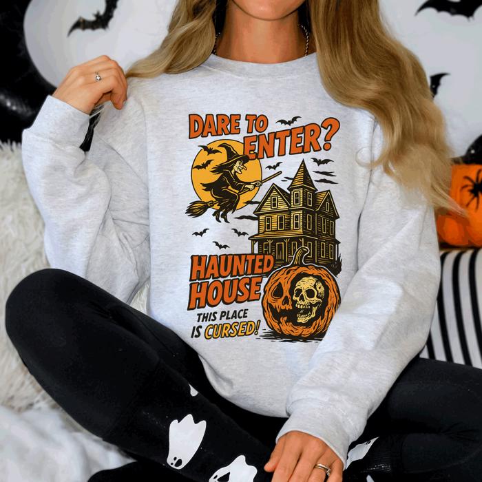 Haunted House Halloween Retro Spooky Witch Night Sky Moonlit Pumpkin Tales Vintage Illustration Sweatshirt