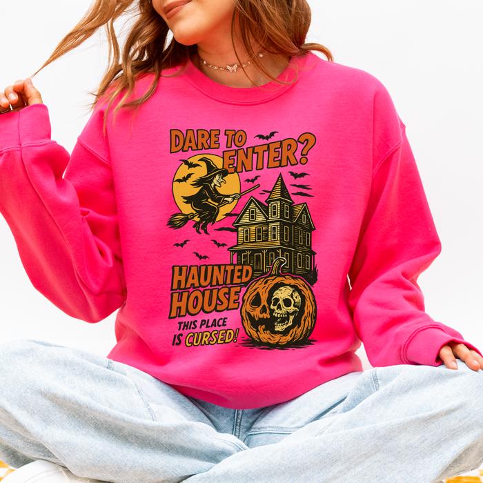 Haunted House Halloween Retro Spooky Witch Night Sky Moonlit Pumpkin Tales Vintage Illustration Sweatshirt