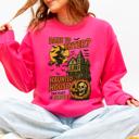 XL Crunchberry Bright Pink Haunted House Halloween Retro Spooky Witch Night Sky Moonlit Pumpkin Tales Vintage Illustration Sweatshirt
