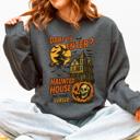Medium Dark Gray Heather Haunted House Halloween Retro Spooky Witch Night Sky Moonlit Pumpkin Tales Vintage Illustration Sweatshirt