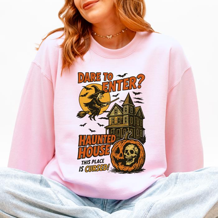 Haunted House Halloween Retro Spooky Witch Night Sky Moonlit Pumpkin Tales Vintage Illustration Sweatshirt