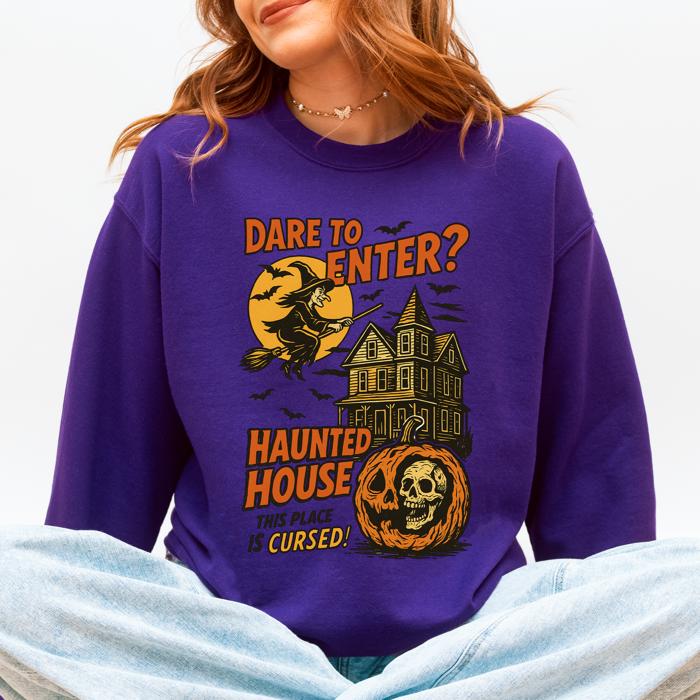 Haunted House Halloween Retro Spooky Witch Night Sky Moonlit Pumpkin Tales Vintage Illustration Sweatshirt