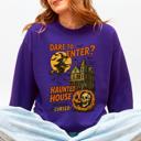 Medium Purple Haunted House Halloween Retro Spooky Witch Night Sky Moonlit Pumpkin Tales Vintage Illustration Sweatshirt