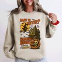 Large Sand Haunted House Halloween Retro Spooky Witch Night Sky Moonlit Pumpkin Tales Vintage Illustration Sweatshirt