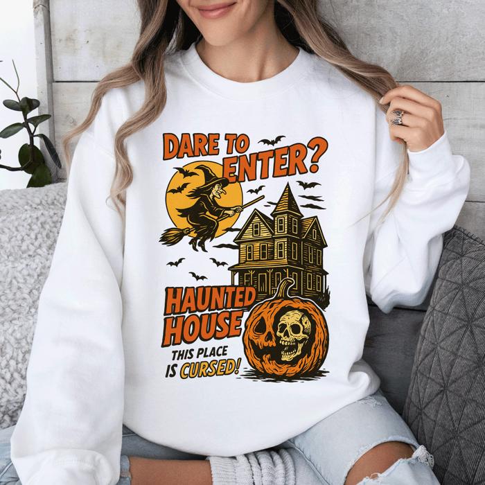 Haunted House Halloween Retro Spooky Witch Night Sky Moonlit Pumpkin Tales Vintage Illustration Sweatshirt