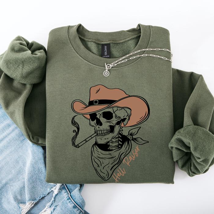 Hell Raiser Skeleton Halloween Western Spooky Cowboy Country Premium Graphic Sweatshirt