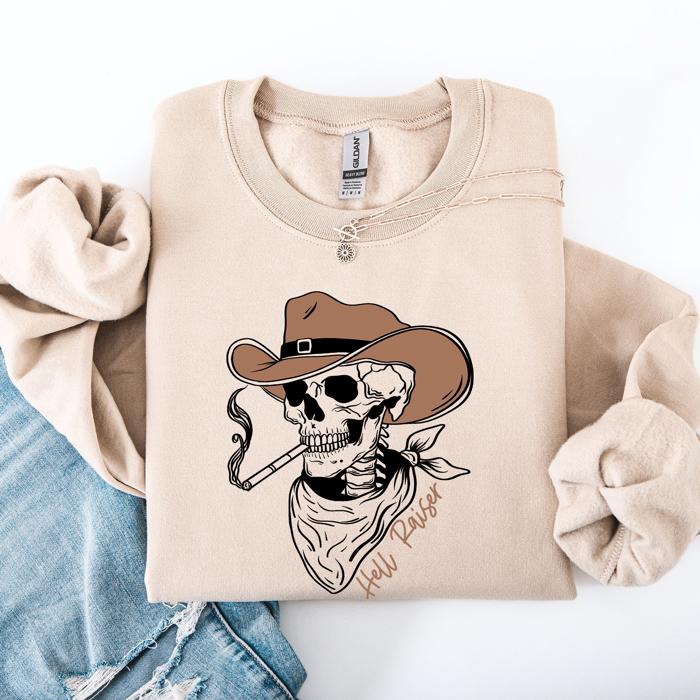 Hell Raiser Skeleton Halloween Western Spooky Cowboy Country Premium Graphic Sweatshirt