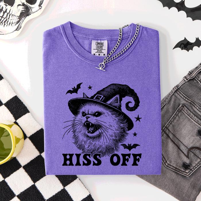Hiss Off Cat Halloween Witch Funny For Cat Lovers And Halloween Enthusiasts Comfort Colors Tee