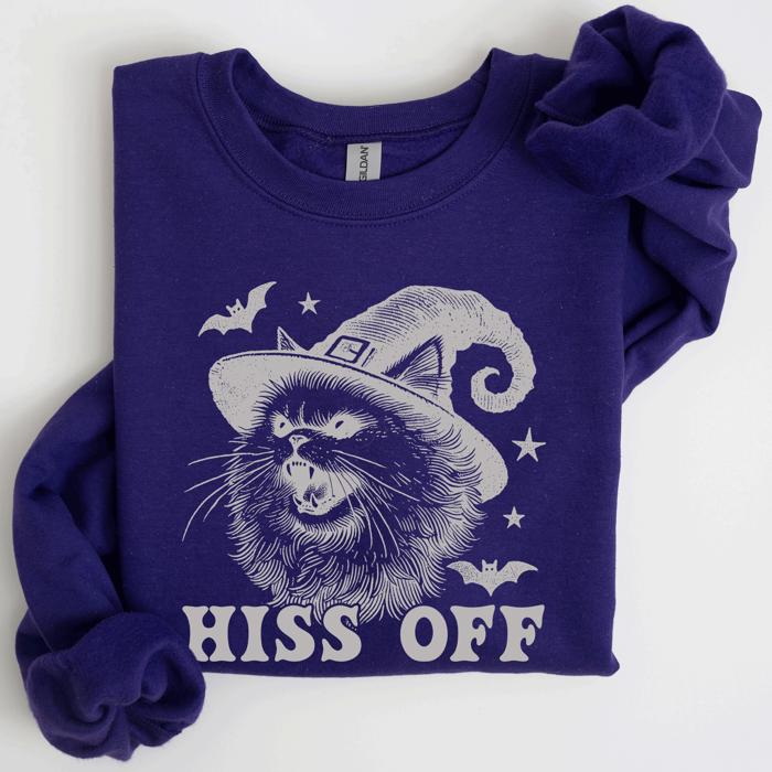Hiss Off Cat Halloween Witch Cozy Feline Graphic Illustration For Cozy Fall Fashion Sweatshirt