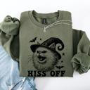Large Military Green Hiss Off Cat Halloween Witch Cozy Feline Graphic Illustration For Cozy Fall Fashion Sweatshirt