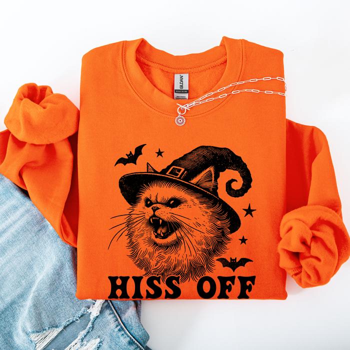 Hiss Off Cat Halloween Witch Cozy Feline Graphic Illustration For Cozy Fall Fashion Sweatshirt