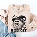 XL Sand Hiss Off Cat Halloween Witch Cozy Feline Graphic Illustration For Cozy Fall Fashion Sweatshirt
