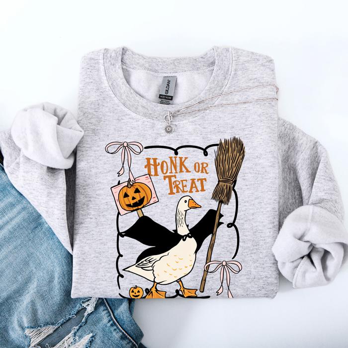 Honk Or Treat Cute Goose Halloween Witch Cozy Graphic Vintage Print Deluxe Sweatshirt