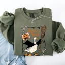 XXL Military Green Honk Or Treat Cute Goose Halloween Witch Cozy Graphic Vintage Print Deluxe Sweatshirt